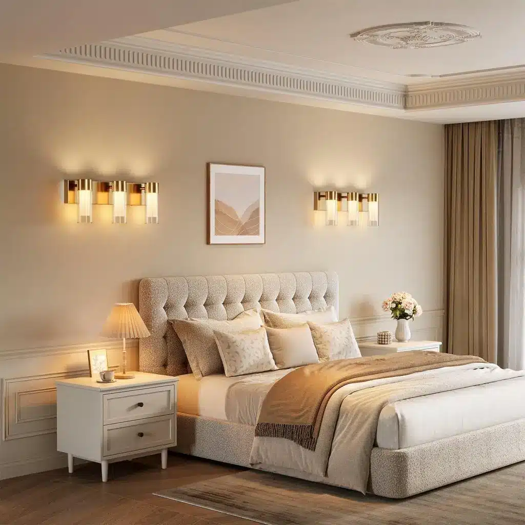 Elegant bedroom interior with tufted bed, warm lighting, and neutral color palette