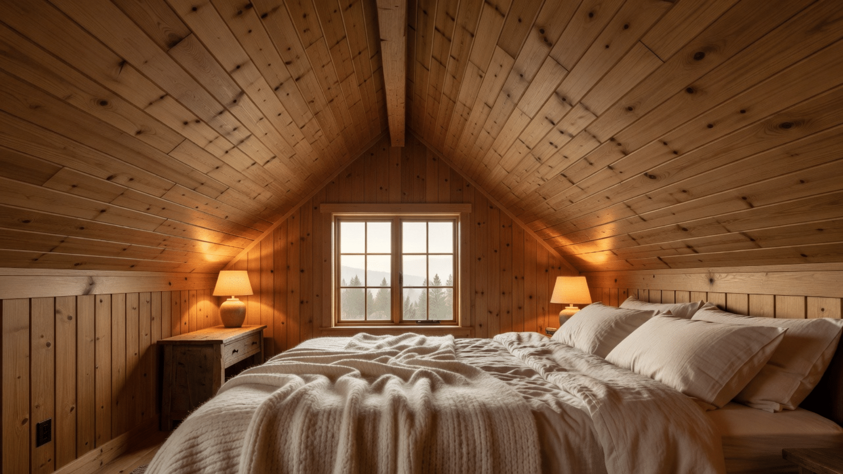 Bedroom with cathedral ceiling in warm wood plank finish creating a cozy master bedroom interior