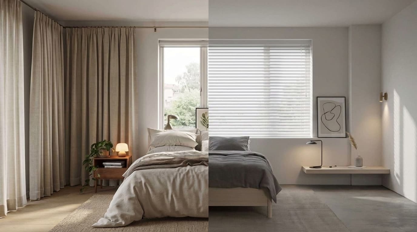 Bedroom comparison showing blackout curtains and blinds for better light control