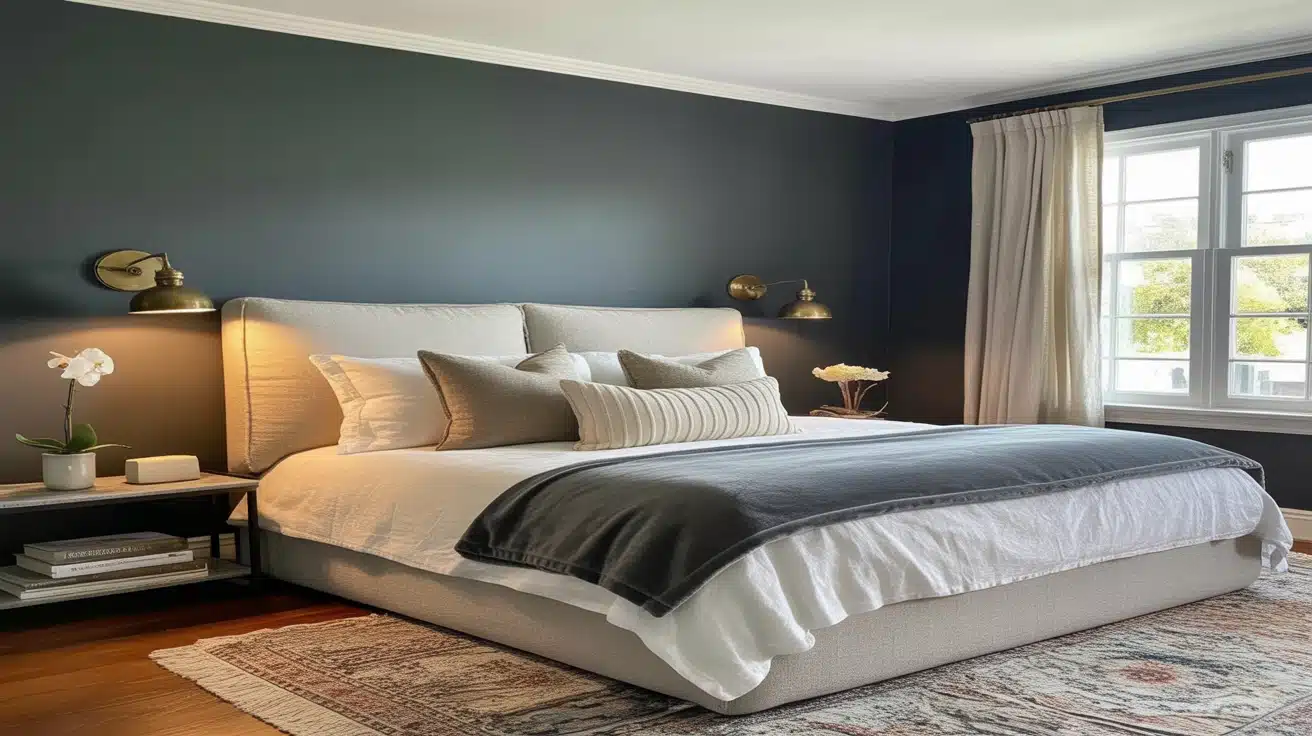 Cozy modern bedroom featuring a dark charcoal accent wall behind a plush white upholstered bed with brass wall sconces.