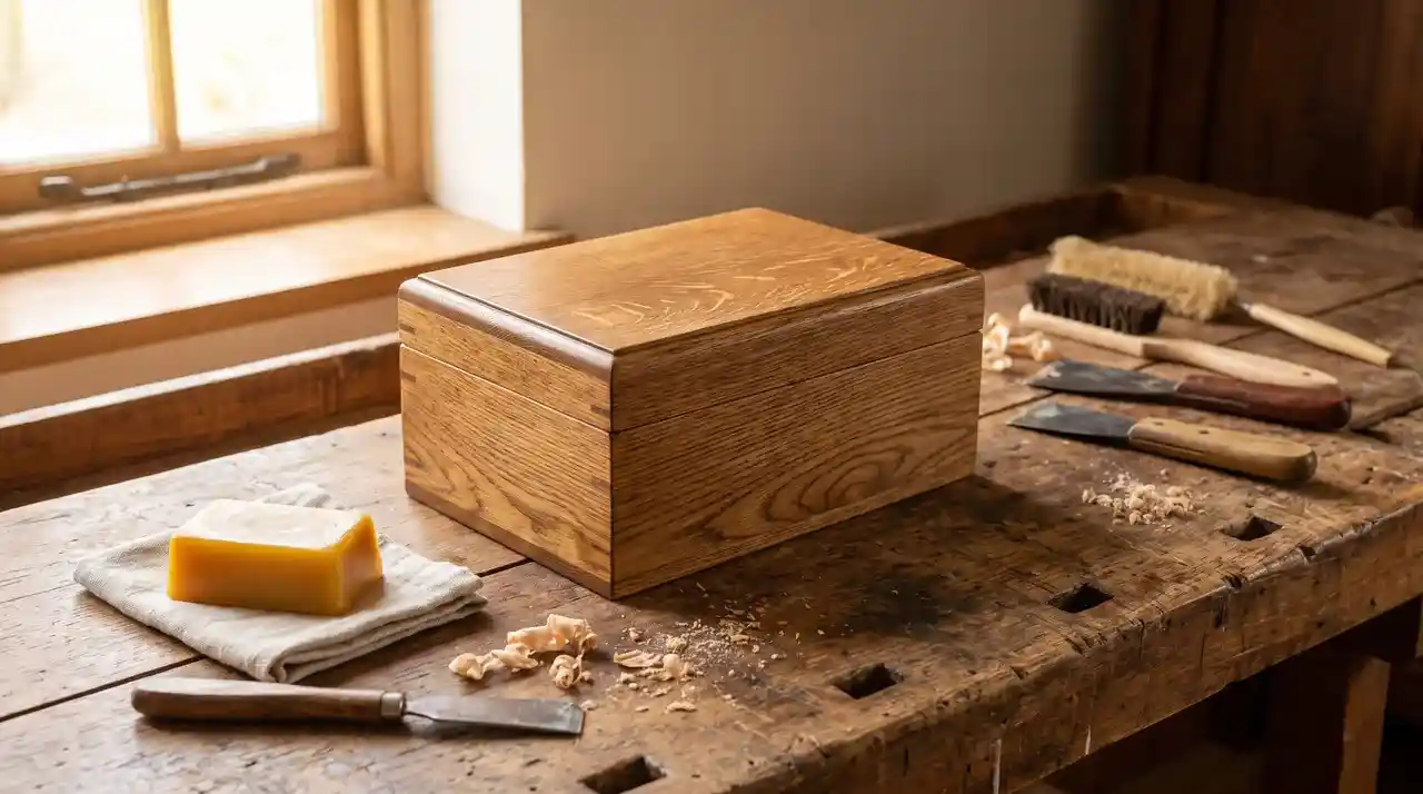 Natural wood finish using beeswax to create a soft sheen and protect decorative wooden pieces.