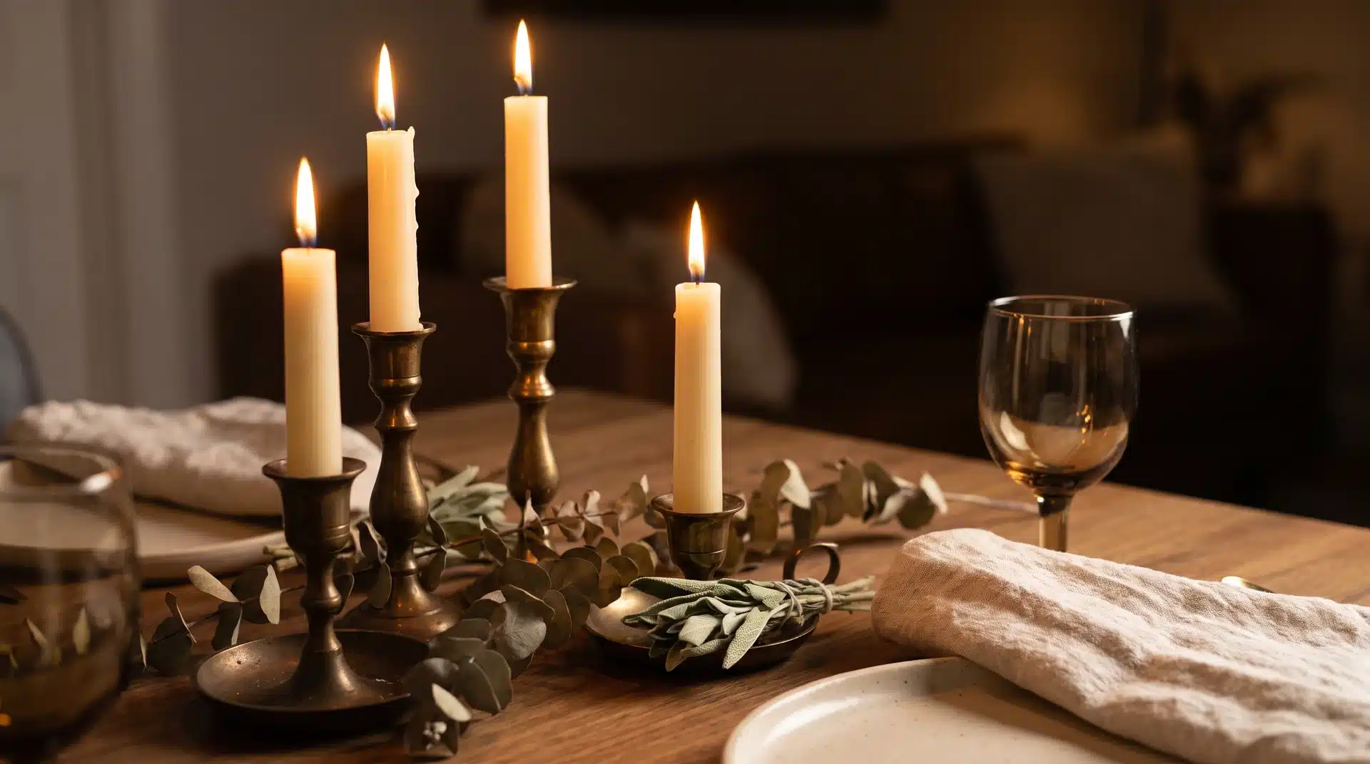 Natural ivory beeswax taper candles in aged brass holders glowing above dried eucalyptus and sage on a warm Thanksgiving table.