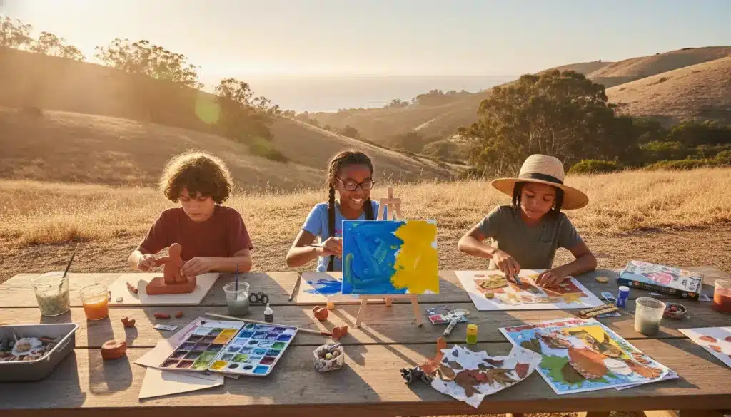 Children engaged in outdoor art activities on a wooden table in sunlit field setting