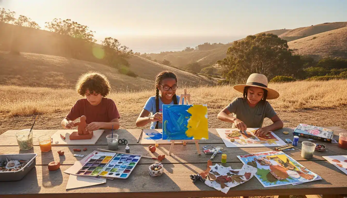 Children engaged in outdoor art activities on a wooden table in sunlit field setting