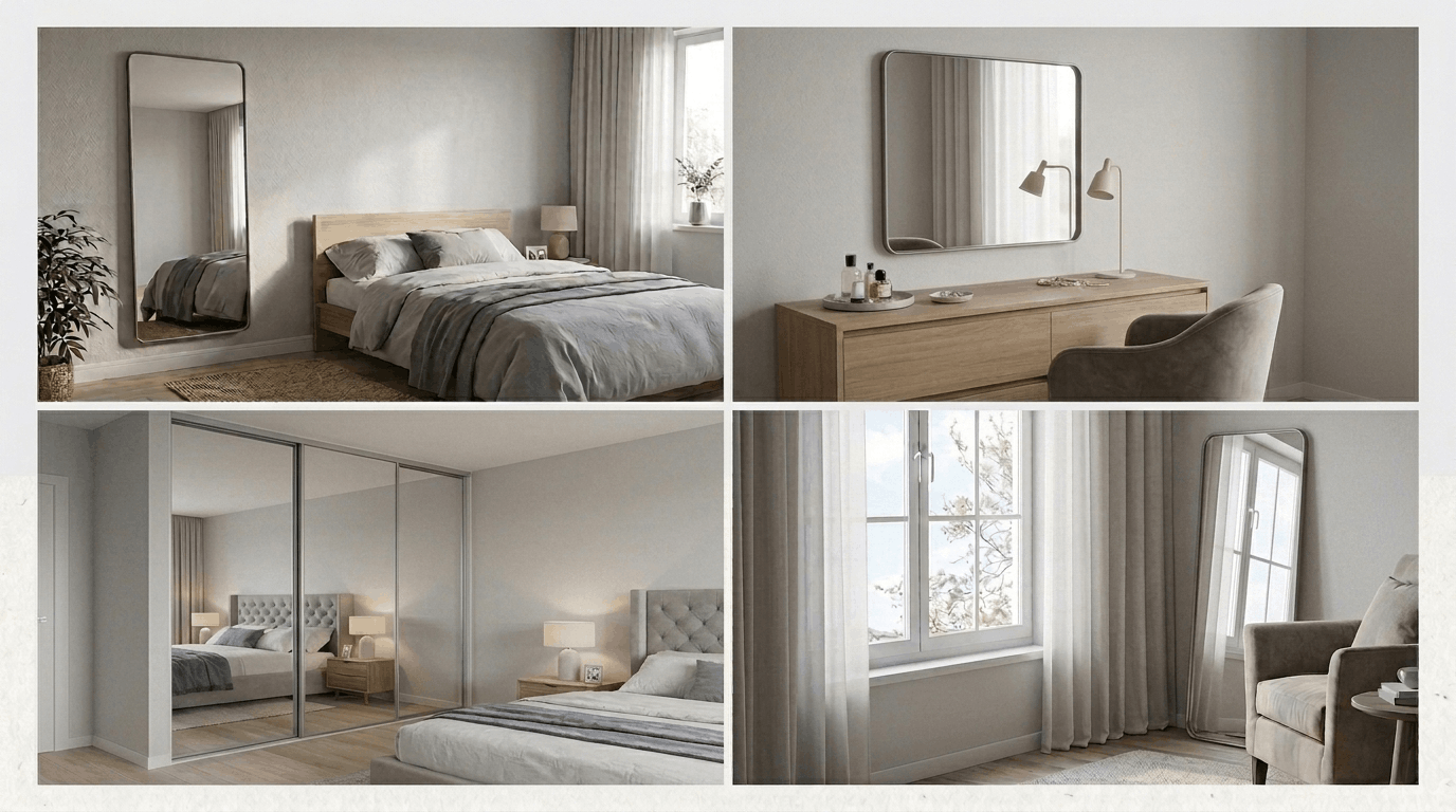 Bedroom mirror placement ideas showing side wall, wardrobe, vanity, and window locations