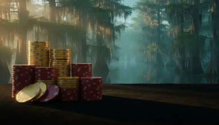 Stacks of poker chips on dark table in misty forest setting