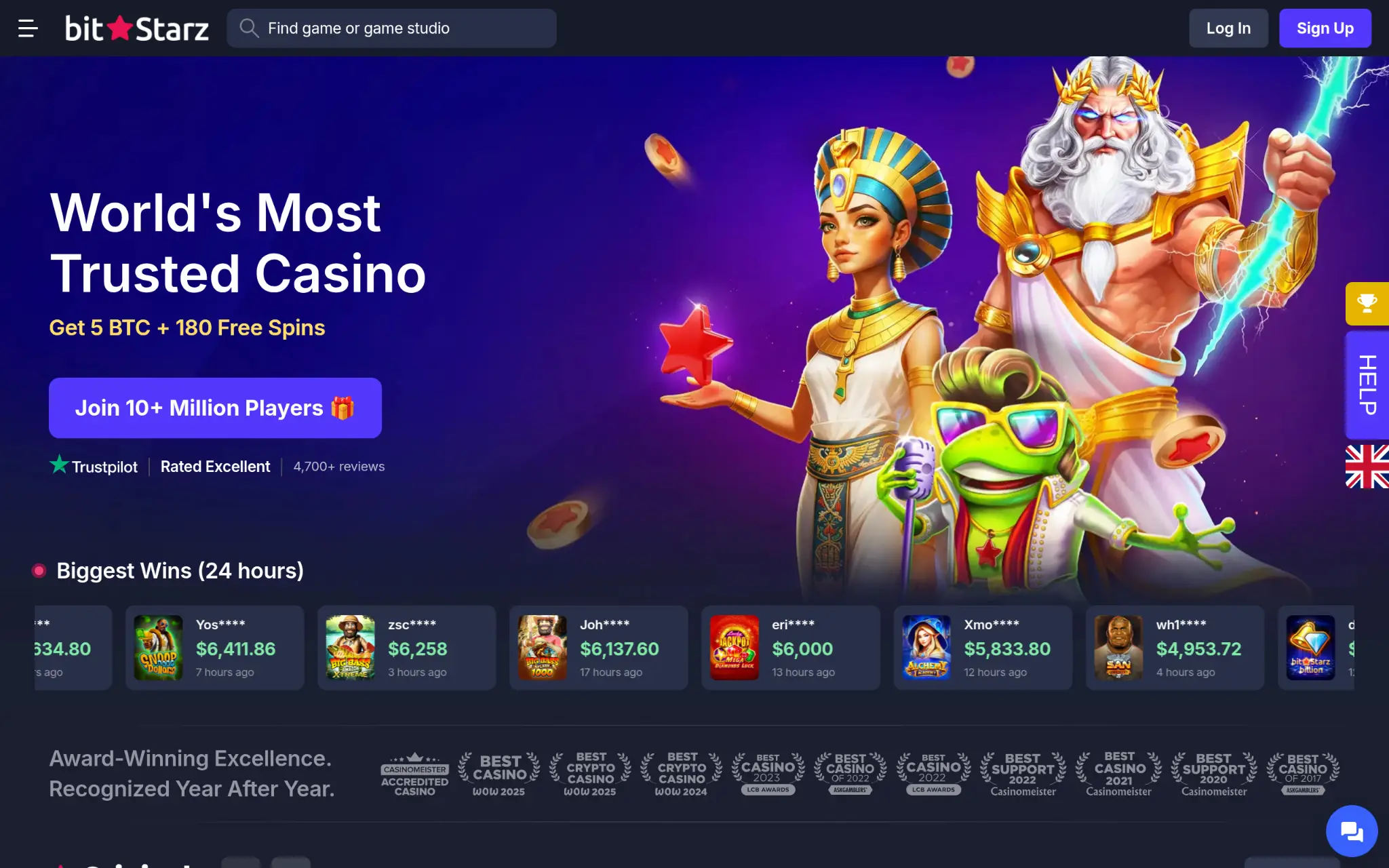 Illustrated characters of Egyptian queen, Zeus, and frog with sunglasses against purple background