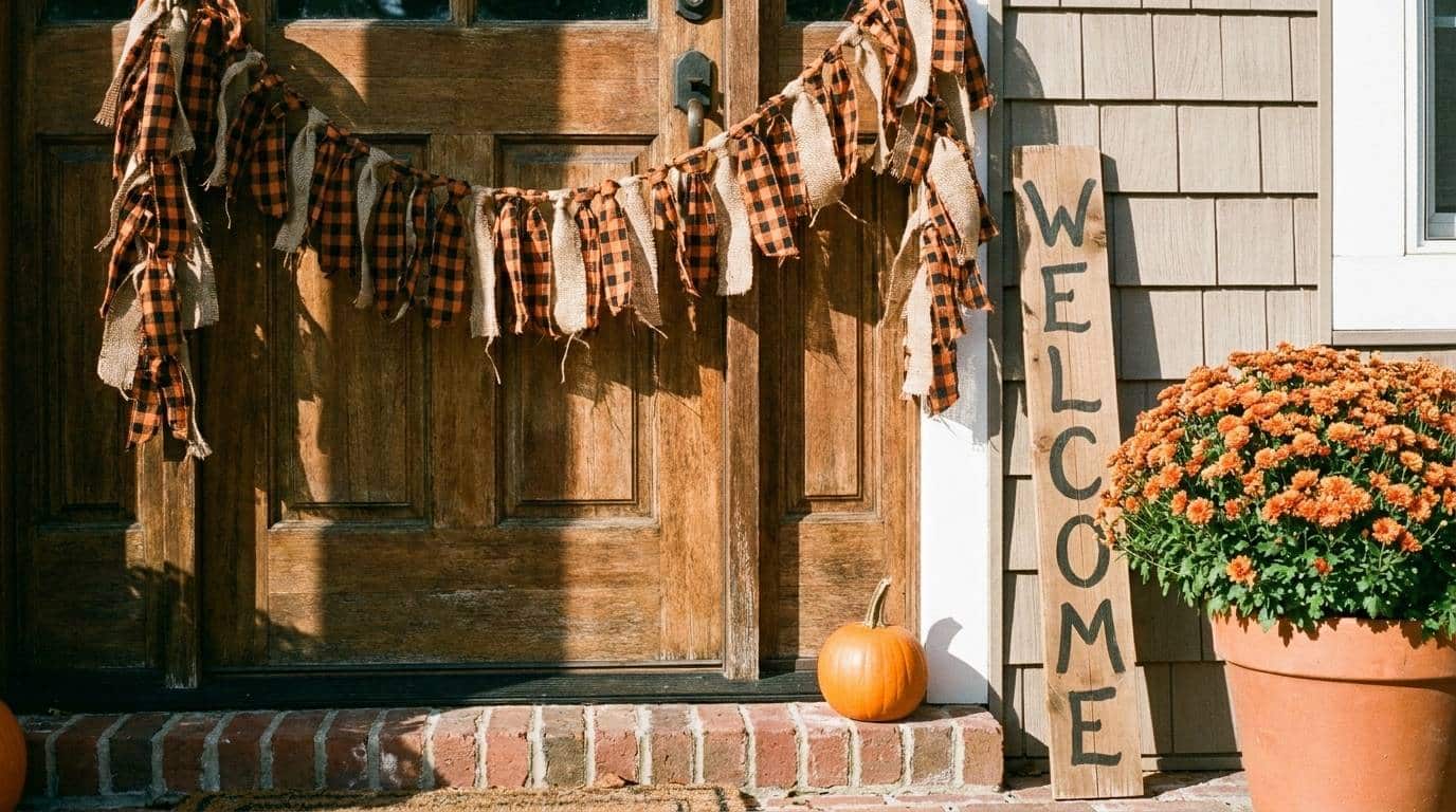 Front door topped with a black and orange ribbon garland banner