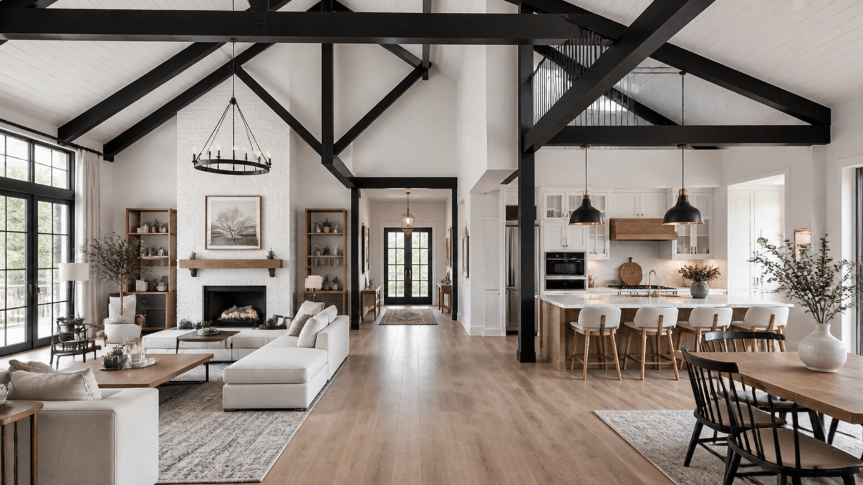White cathedral ceiling with black exposed beams in modern farmhouse living space