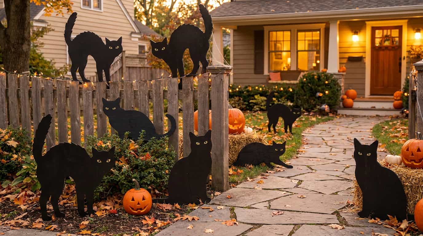 IY black cat decorations placed along a fence and walkway