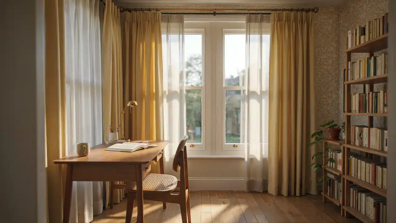 Black frame cafe curtains partially covering a kitchen window, allowing daylight while maintaining a casual airy feel.
