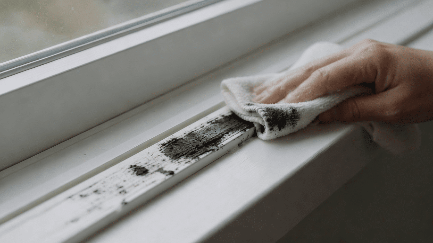 Soft pad gently cleaning black scuff marks on a window track surface