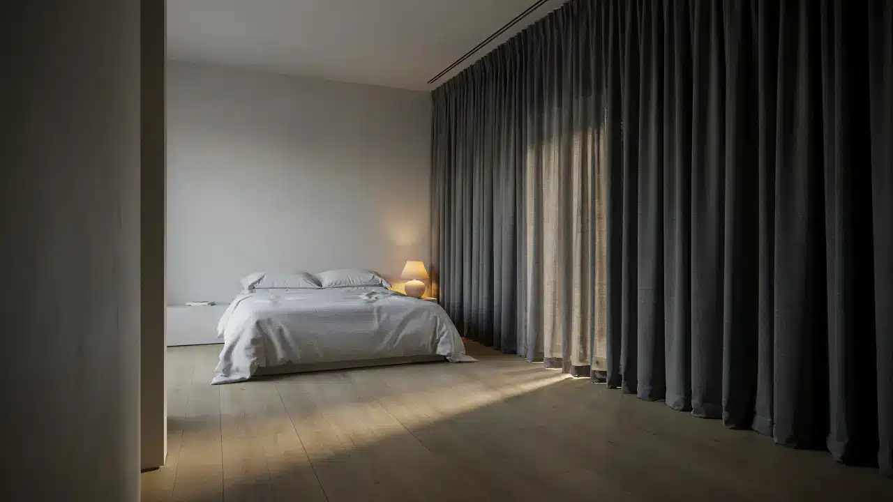 Blackout curtains with hidden tracks fully covering a bedroom window for complete darkness and sleep comfort.