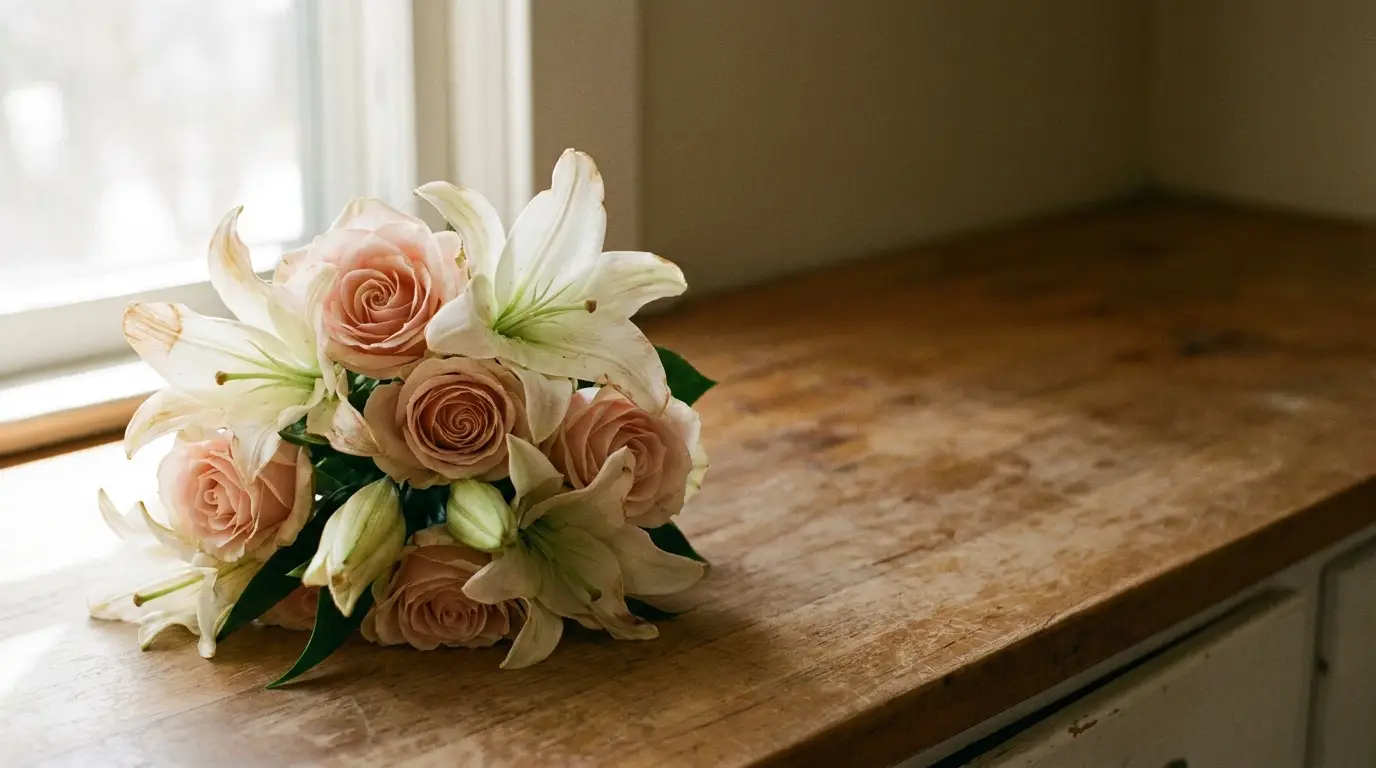 Bouquet of pale pink roses and lilies on rustic wooden table near window