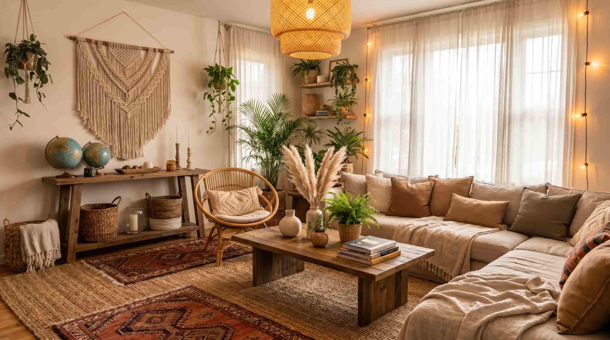 Cozy bohemian interior design living room with macrame wall decor, woven textures, plants, warm lighting, and neutral-toned furniture.