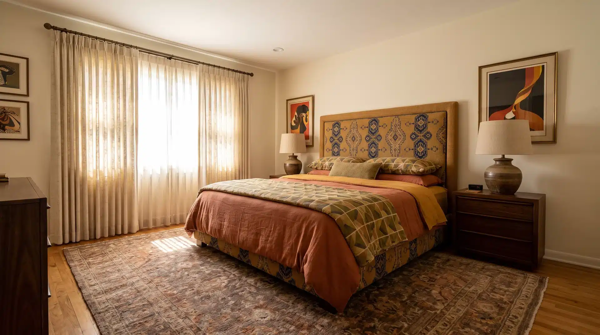 Patterned statement headboard in a warm 1970s inspired bedroom.