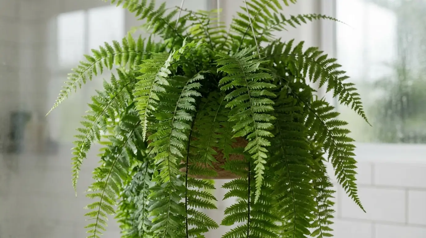 Boston fern with feathery fronds in focus against a softly blurred bathroom background.