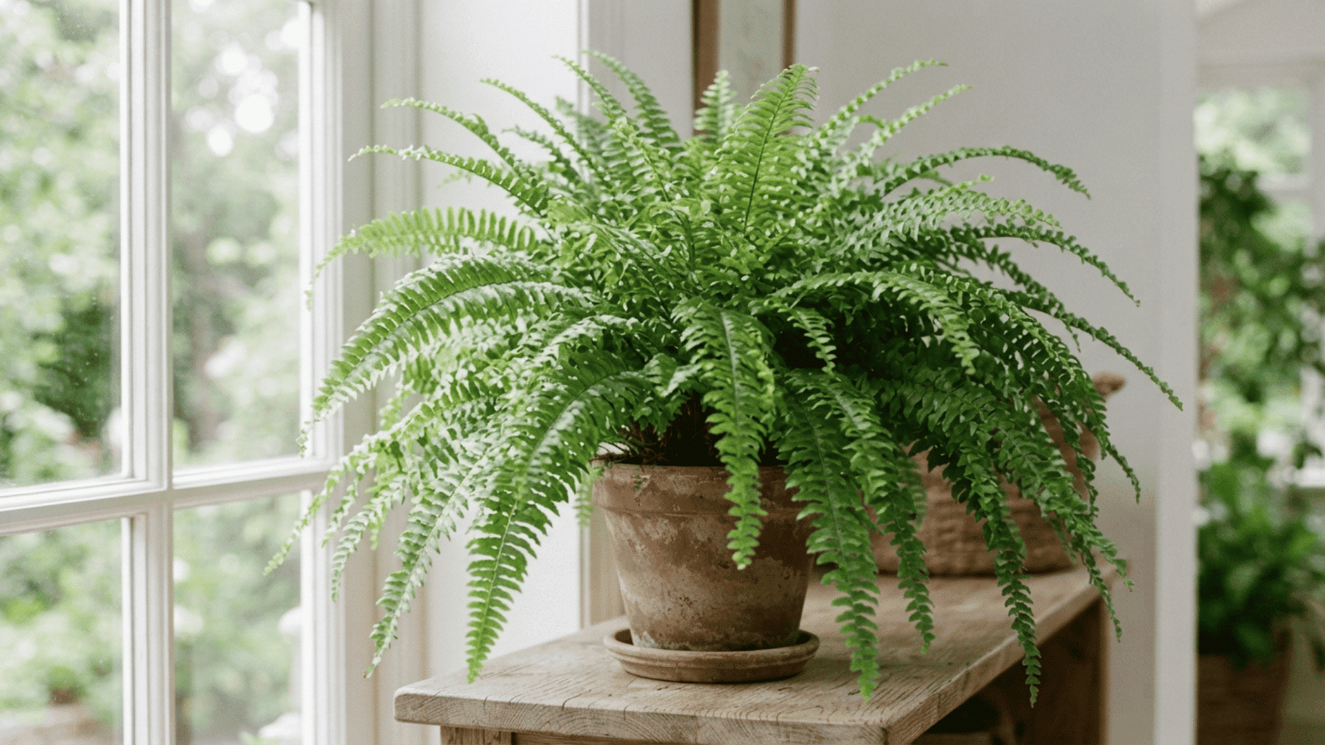 Boston fern with long green fronds growing in a pot indoors.
