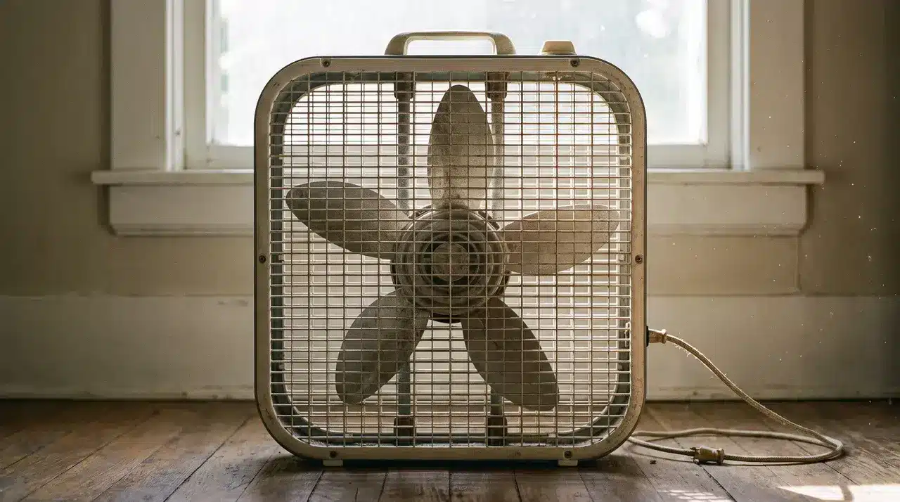 Portable box fan with square grill design placed near a window in a simple home interior.