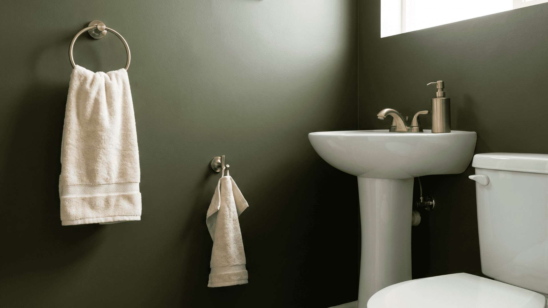 Dark green bathroom corner with brass fixtures, white sink, towels, and toilet.