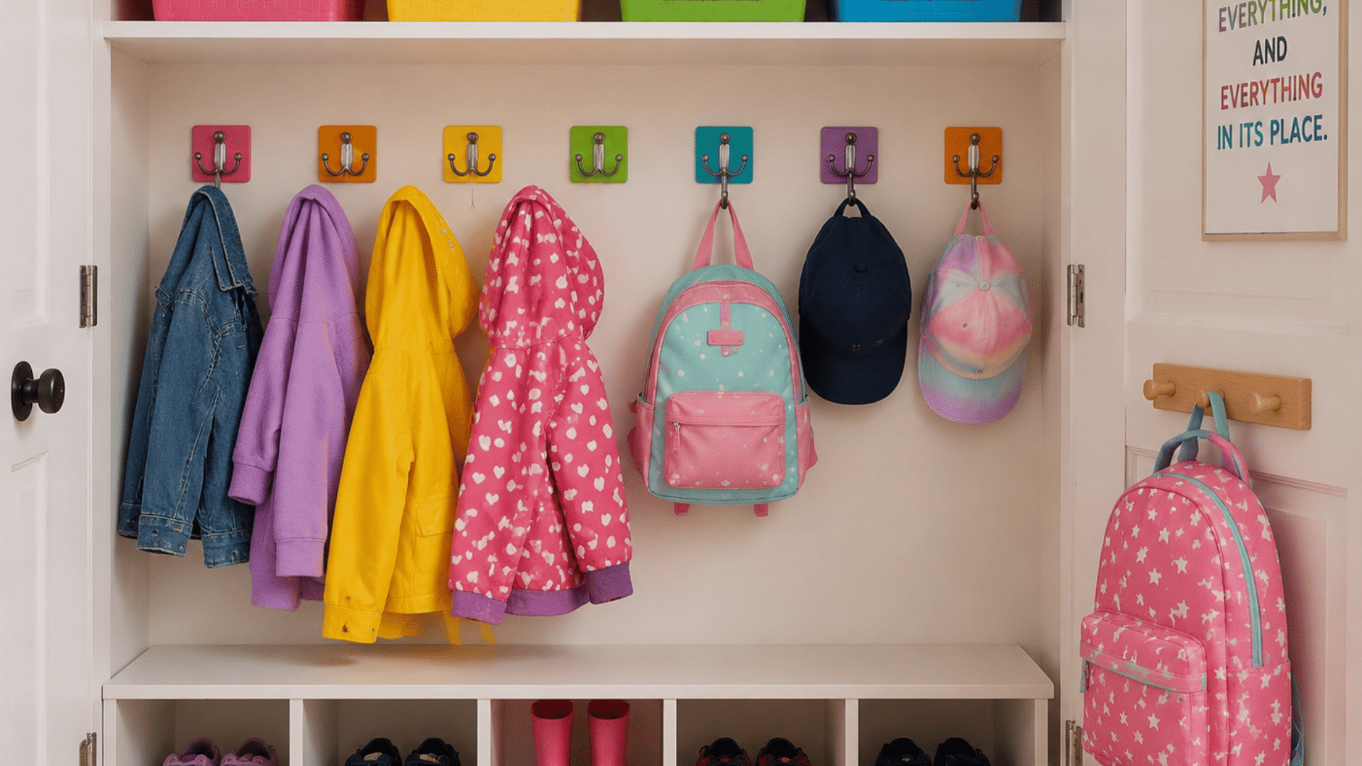 Bright and organized kids’ closet with colorful hooks for jackets and backpacks, labeled bins on shelves, and cubbies for shoes.