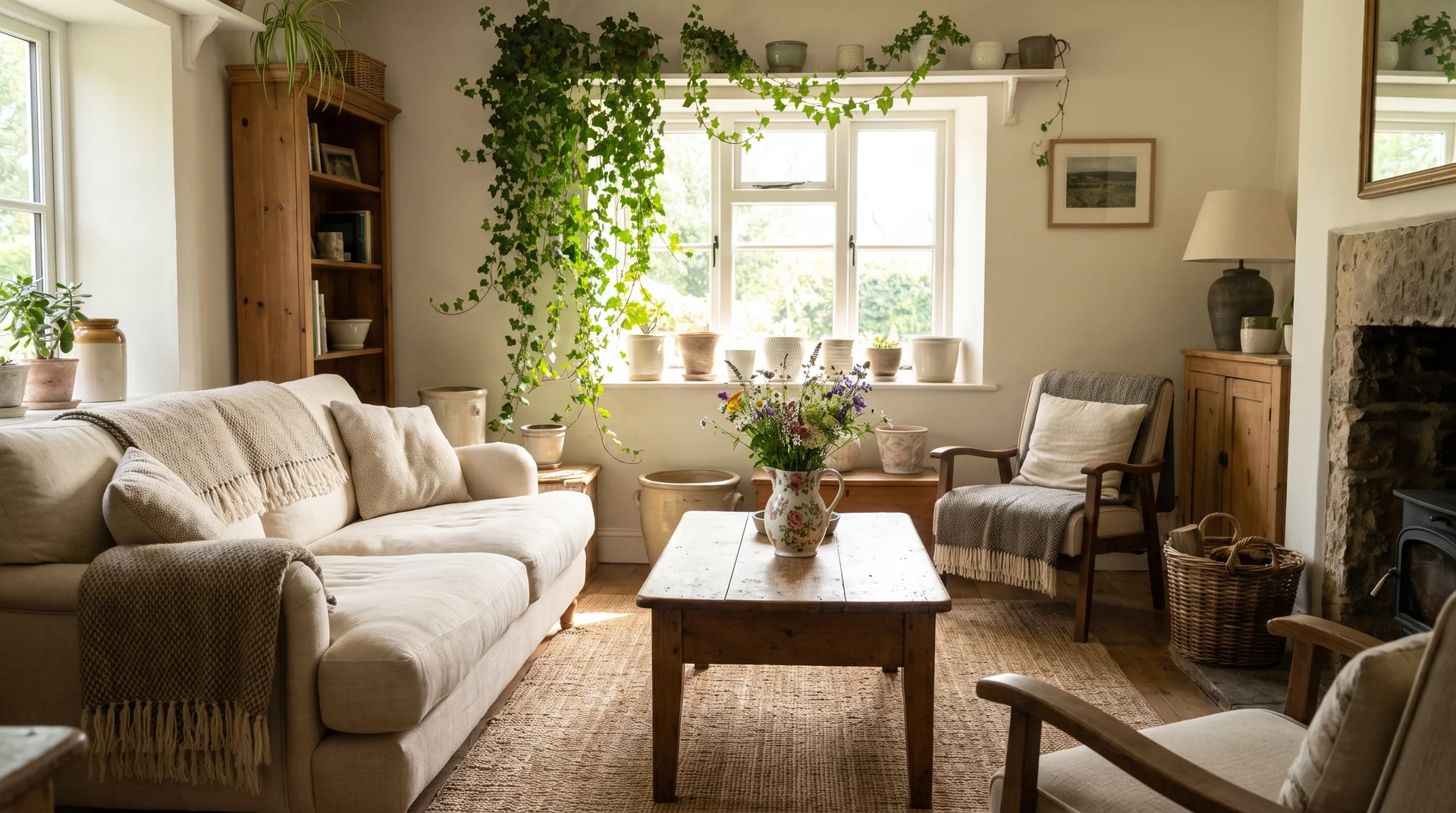 Cottage living room with houseplants and fresh flowers in a vintage vase.
