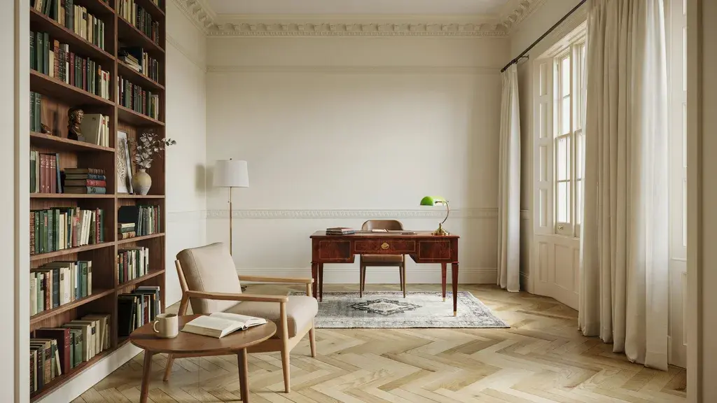 Modern Victorian home office with rich dark wood furniture and classic details.