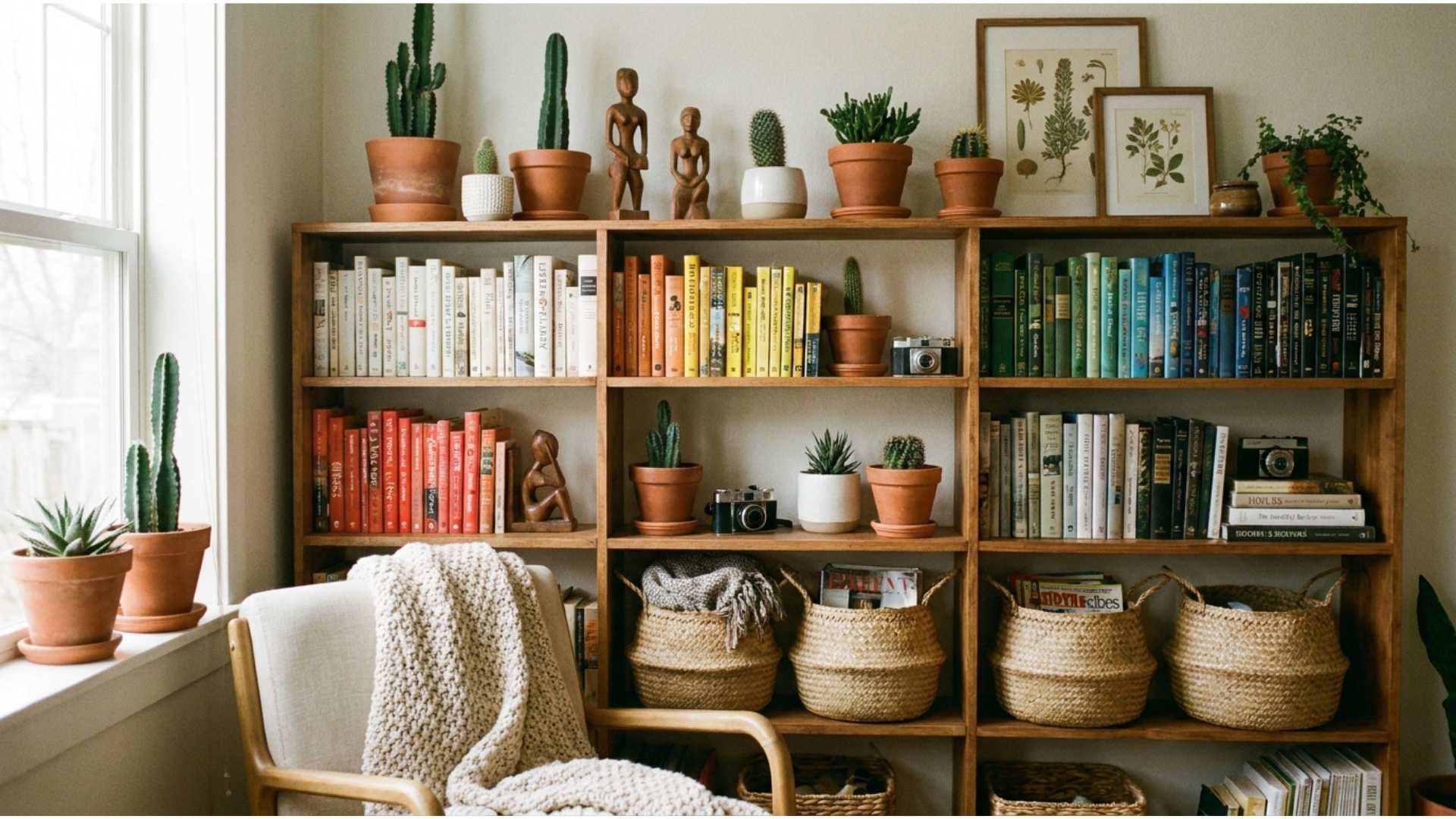 Bookshelf with books, small plants of varying sizes, woven baskets, and wooden decor for a natural cozy look.