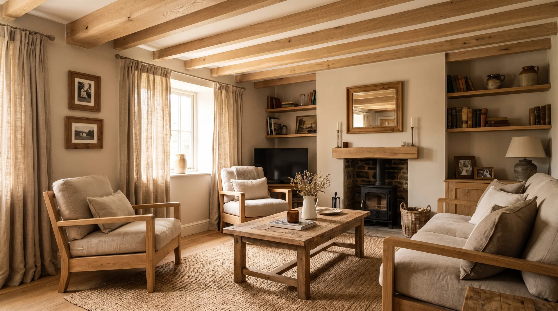 Cottage living room with exposed wood beams and natural wooden furniture.