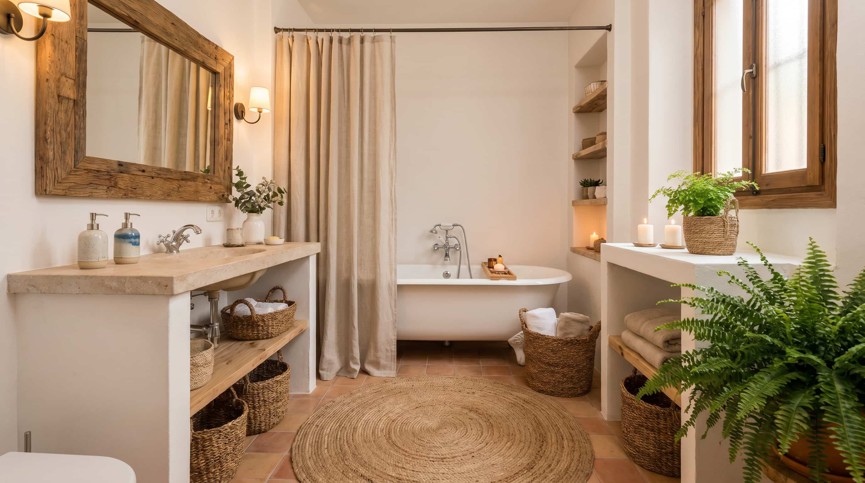 Bohemian interior design bathroom featuring woven baskets, natural wood details, greenery, and earthy textures.