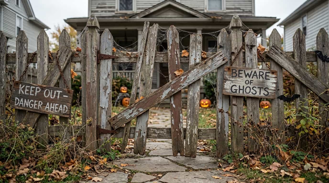 Broken wooden fence with warning signs creating a spooky Halloween yard entrance