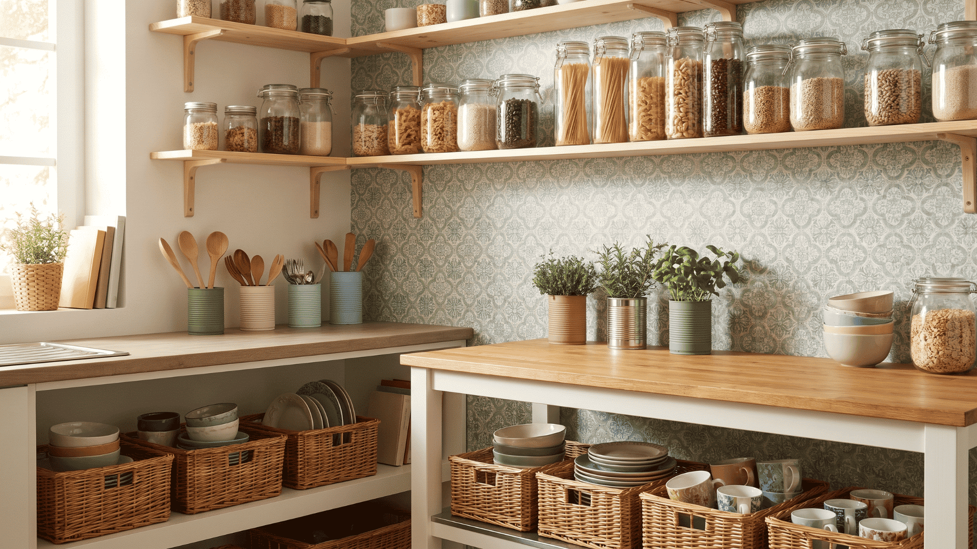 Budget kitchen decor with glass jars, painted tins, wicker baskets, and peel-and-stick wallpaper in a cozy setup.