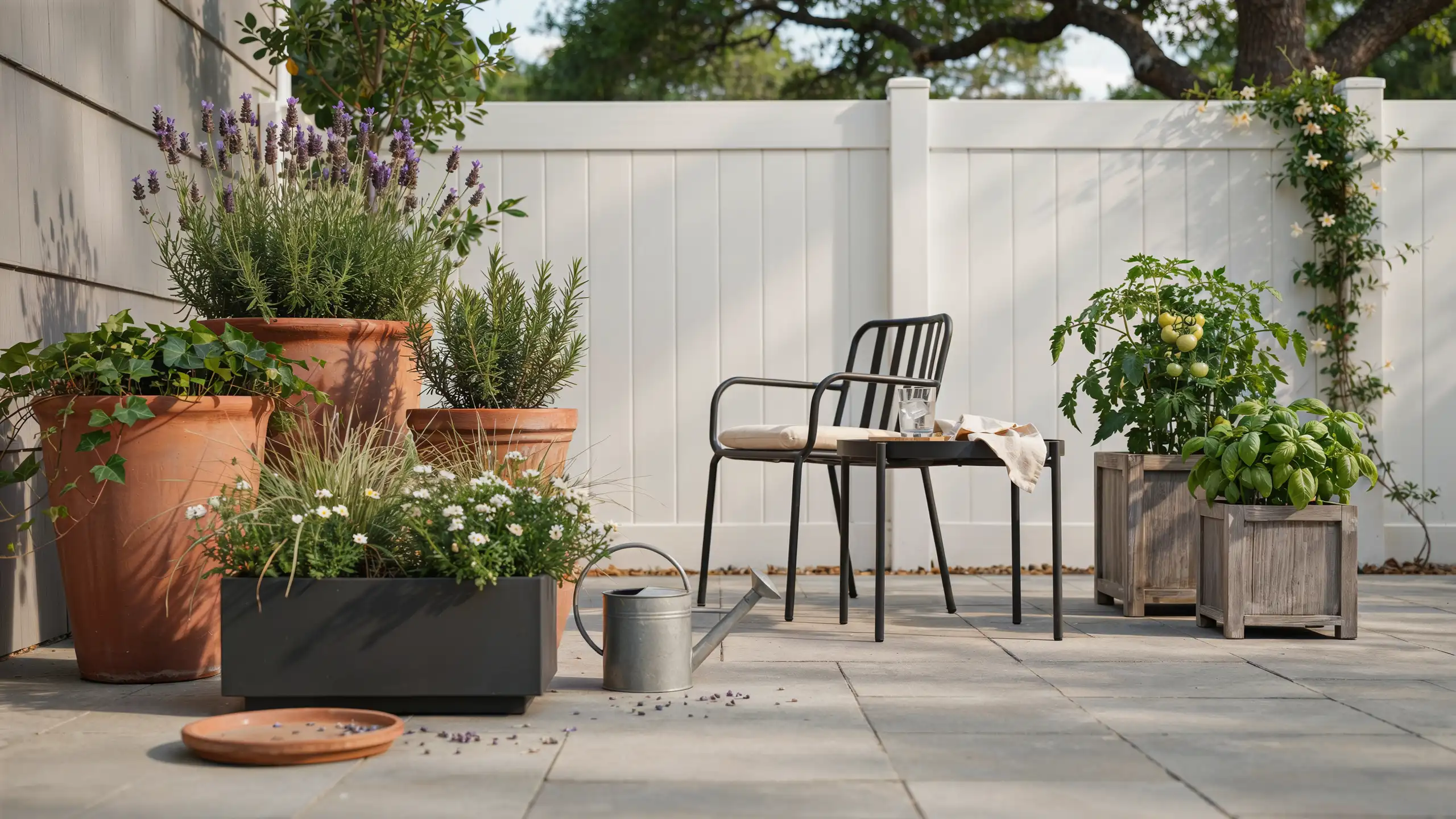 Small backyard patio decorated with multiple containers holding flowers, herbs, and greenery.