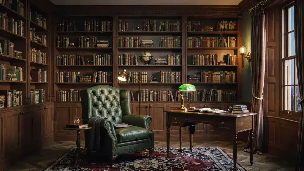 Modern Victorian reading nook with dark bookshelves, velvet chair, and warm lighting.