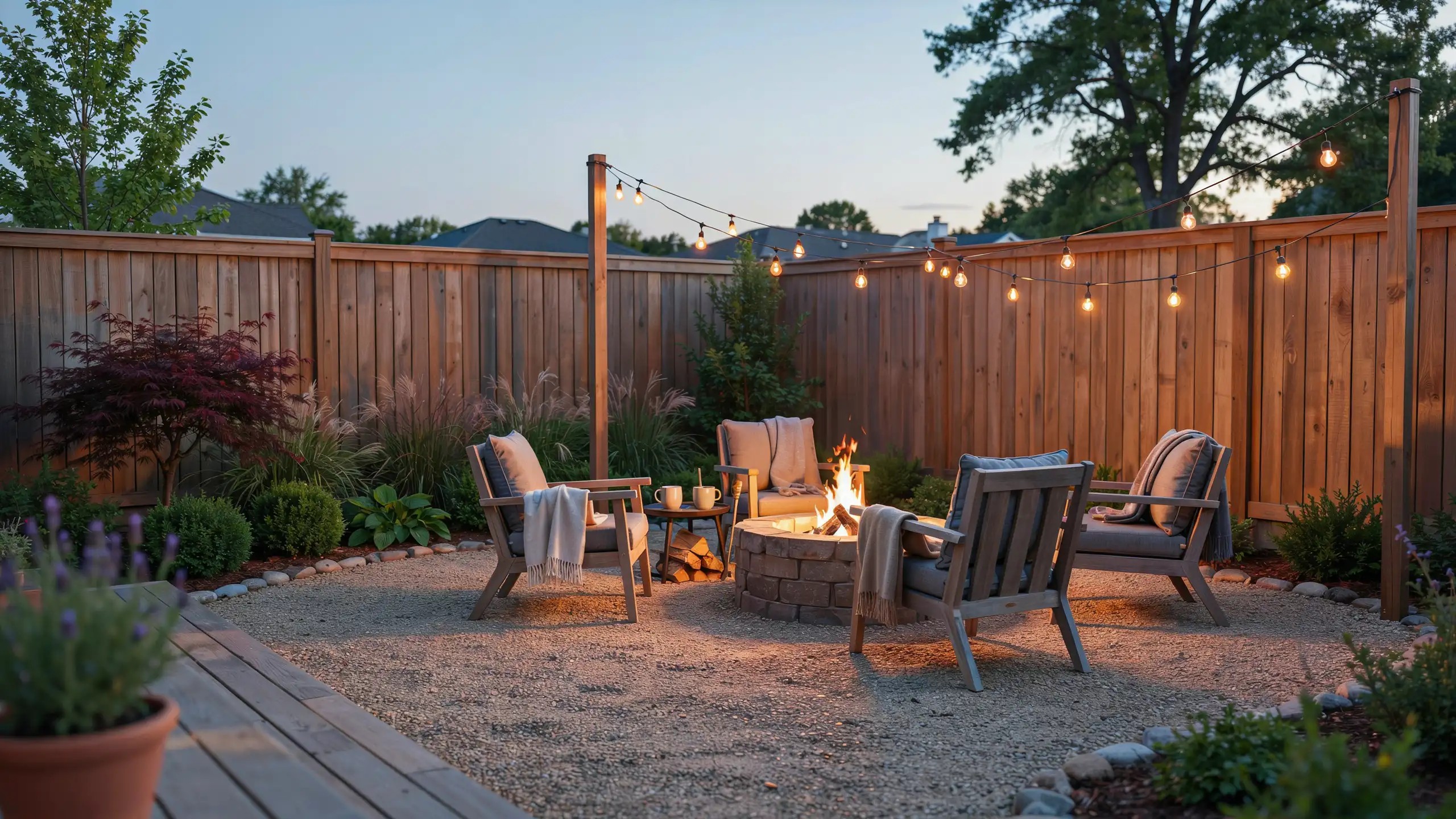 Small backyard with stone fire pit surrounded by comfortable outdoor seating.