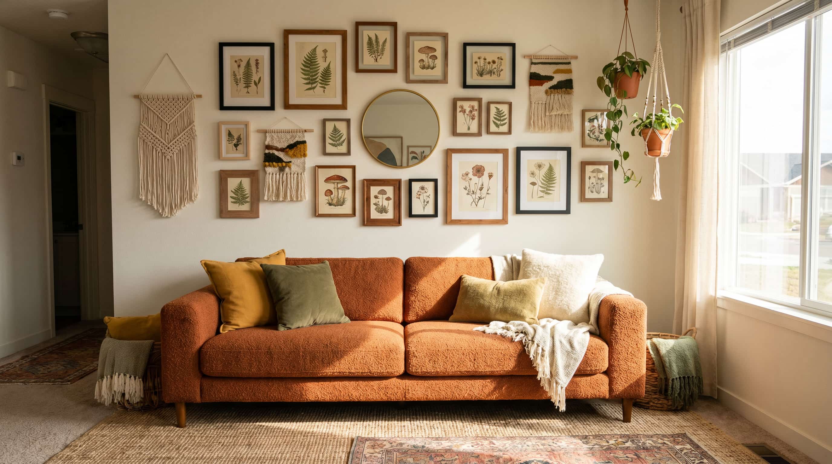 Bohemian interior design gallery wall with mixed botanical frames, woven art, hanging plants, and cozy sofa.