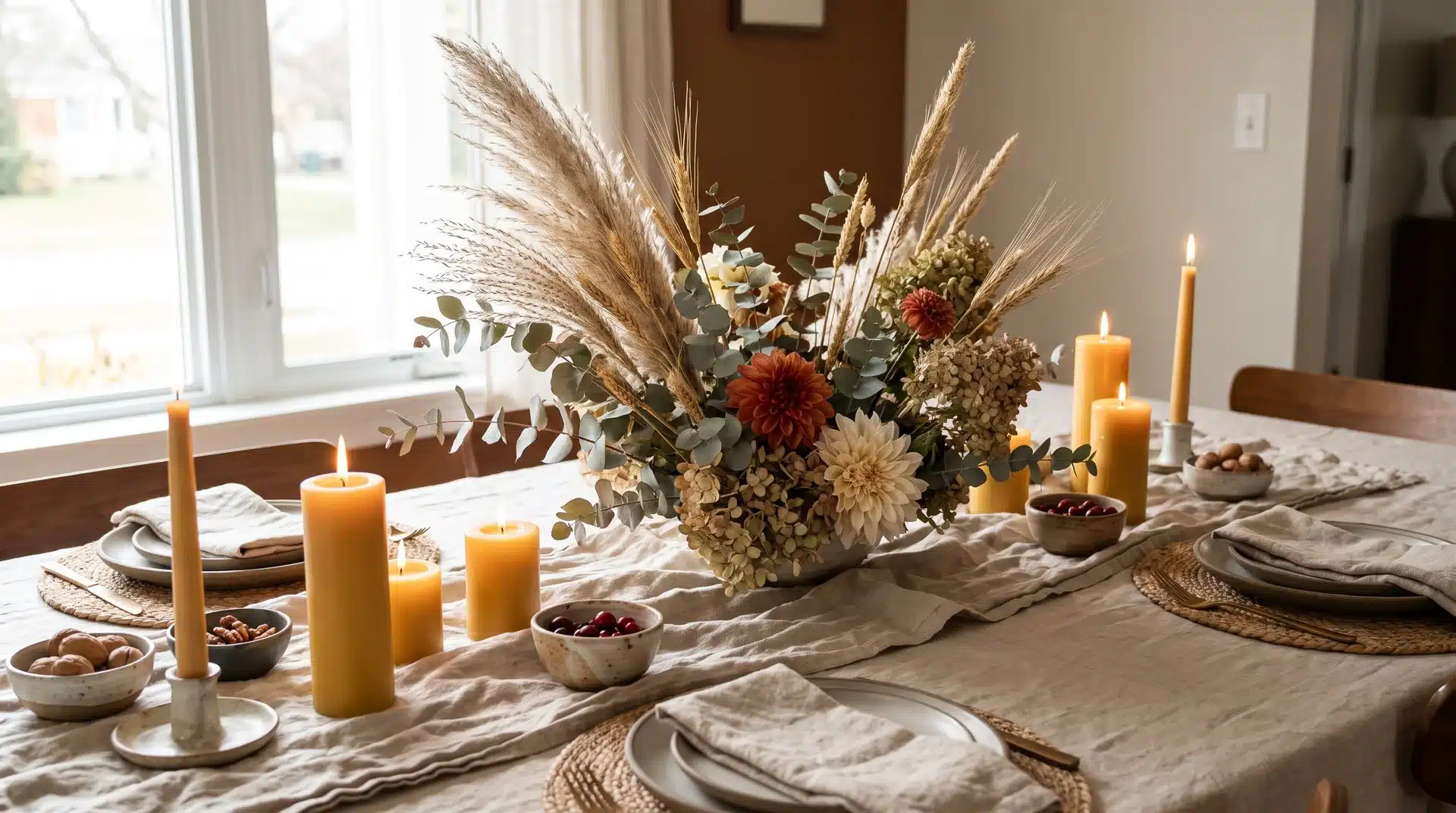 Thanksgiving table with dried botanical centerpiece and candles.