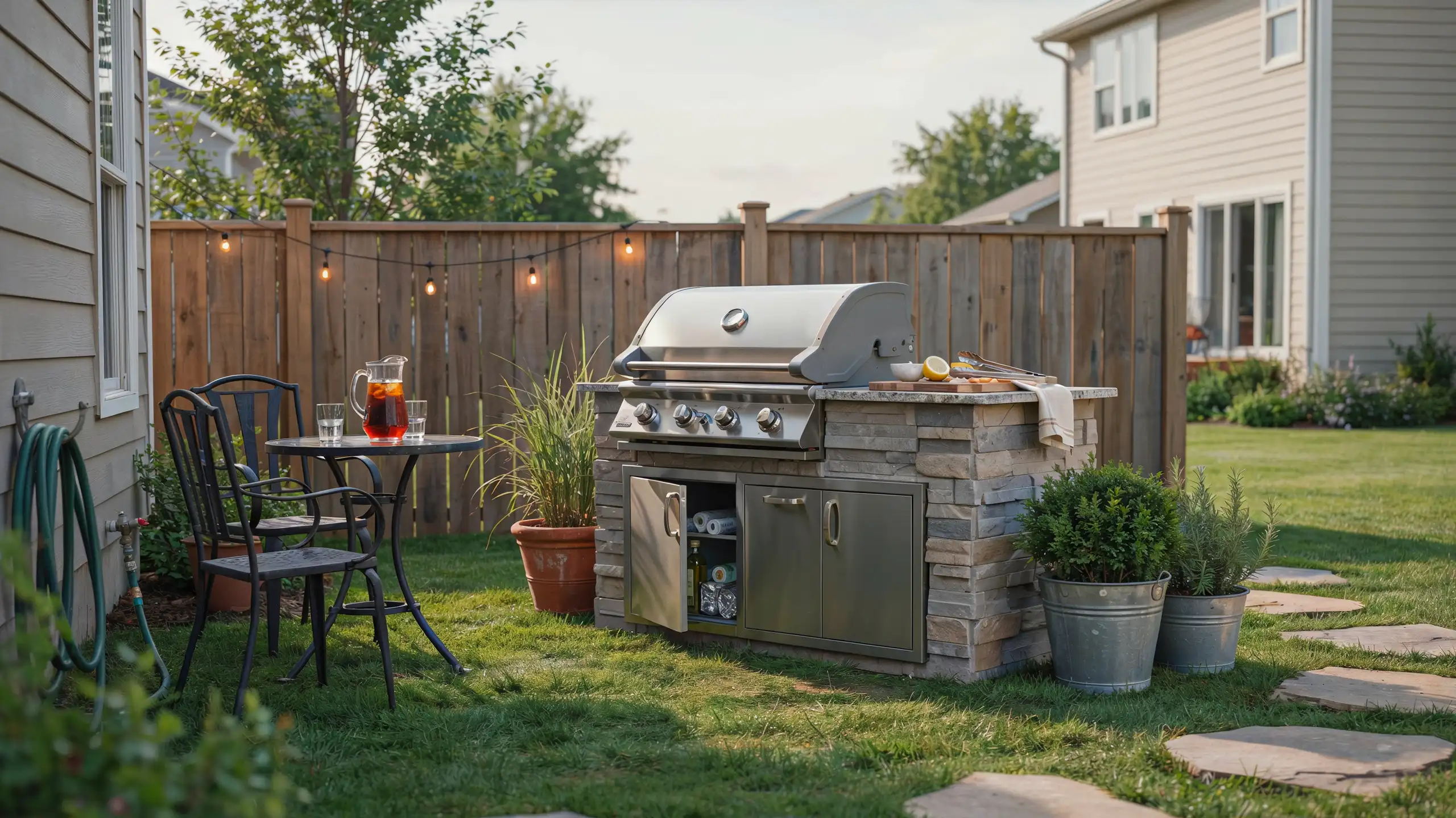 Compact backyard with outdoor grill station, countertop, storage, and cooking area.