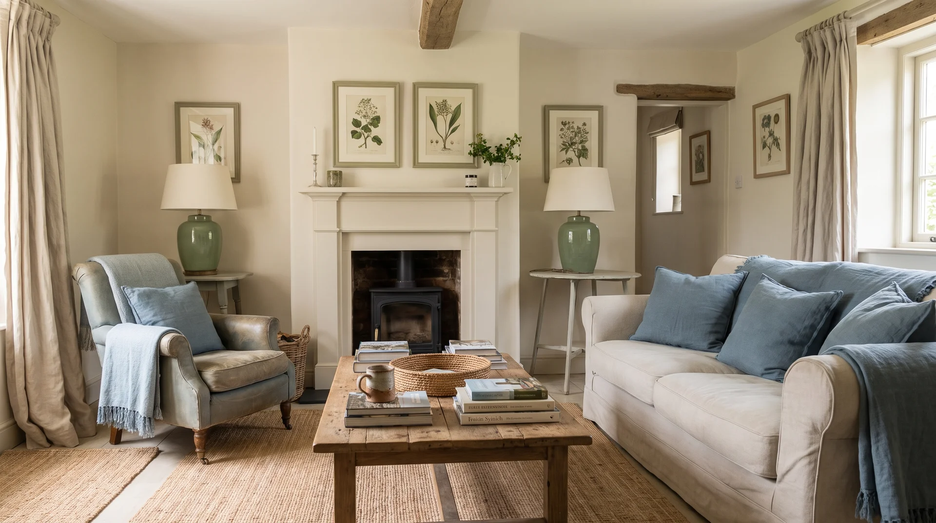 Cottage living room with soft sage, cream, and blue color accents.