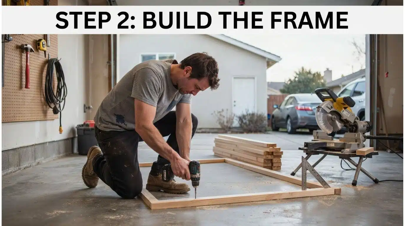 Person assembling a wooden 2x4 shelf frame on a garage floor.