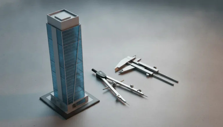 Architectural model of a skyscraper with a compass and caliper on a desk surface