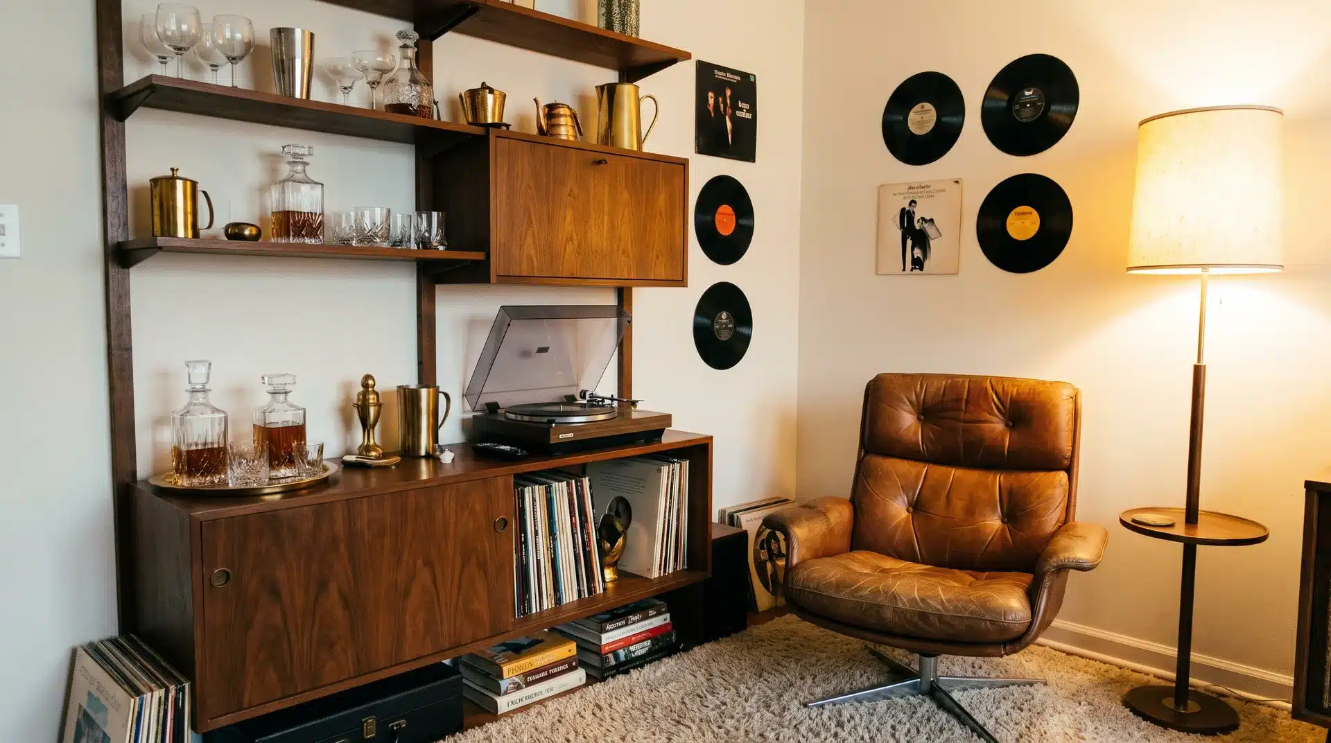Walnut bar cabinet with vinyl records in a retro entertainment space.
