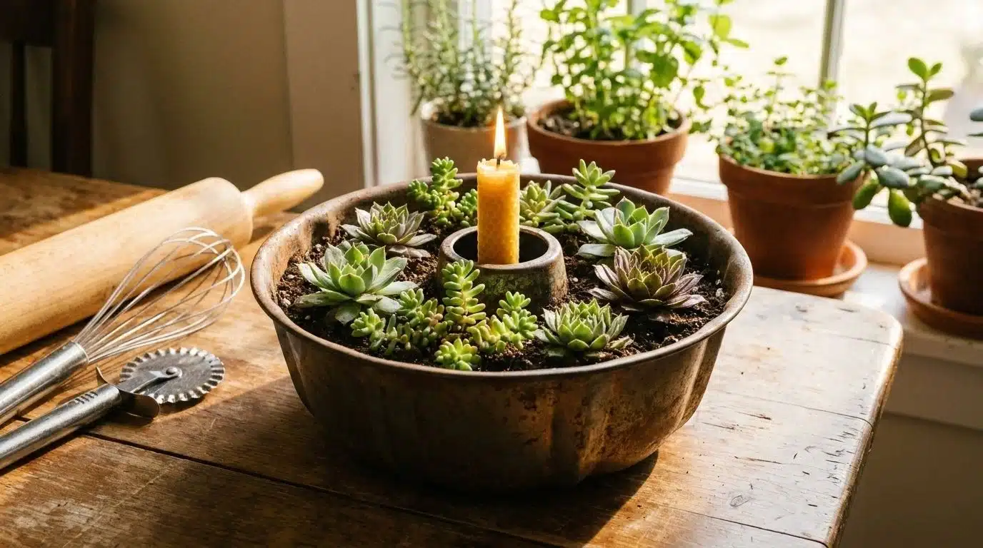 Bundt pan planted with a ring of succulents around a candle
