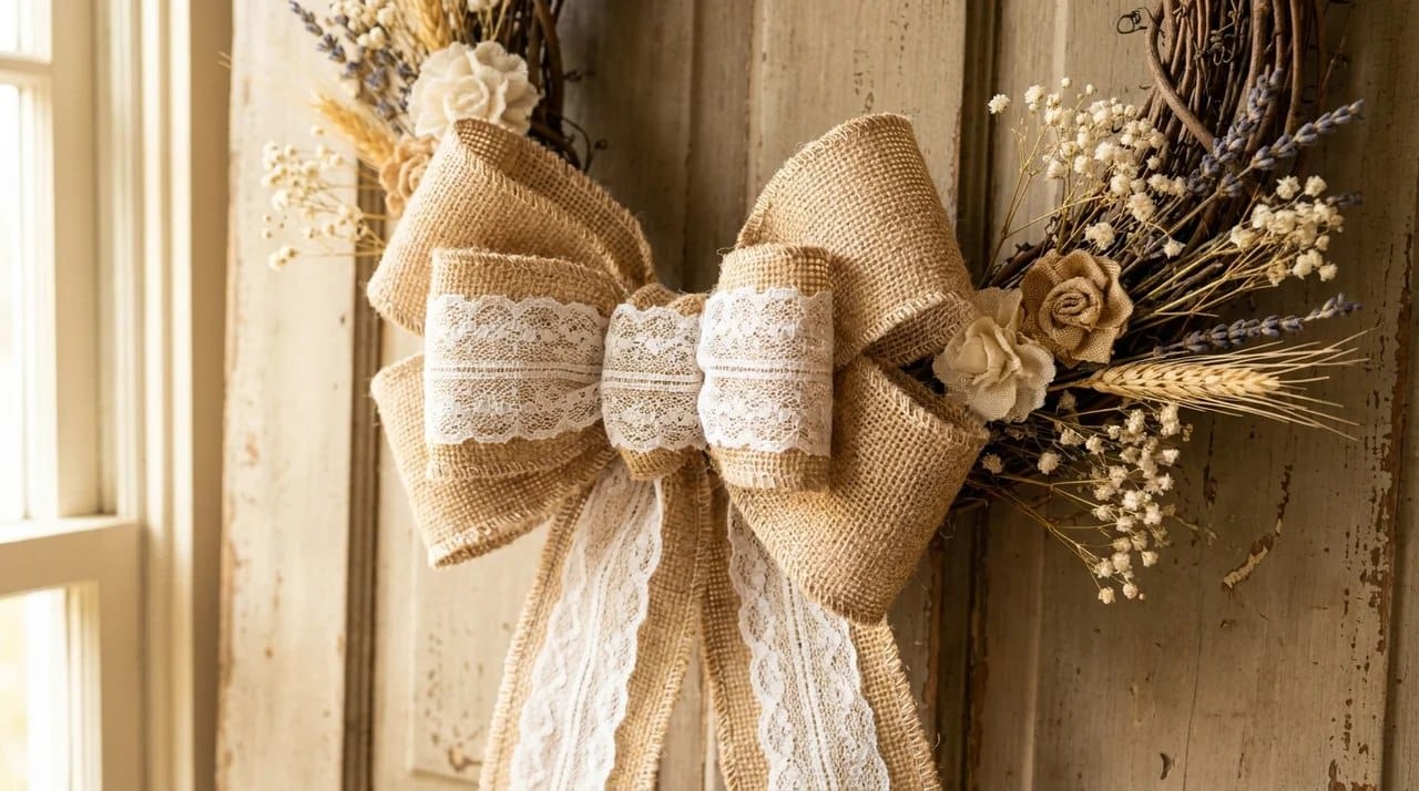 Burlap and lace bow combining rustic ribbon texture with soft vintage farmhouse details.