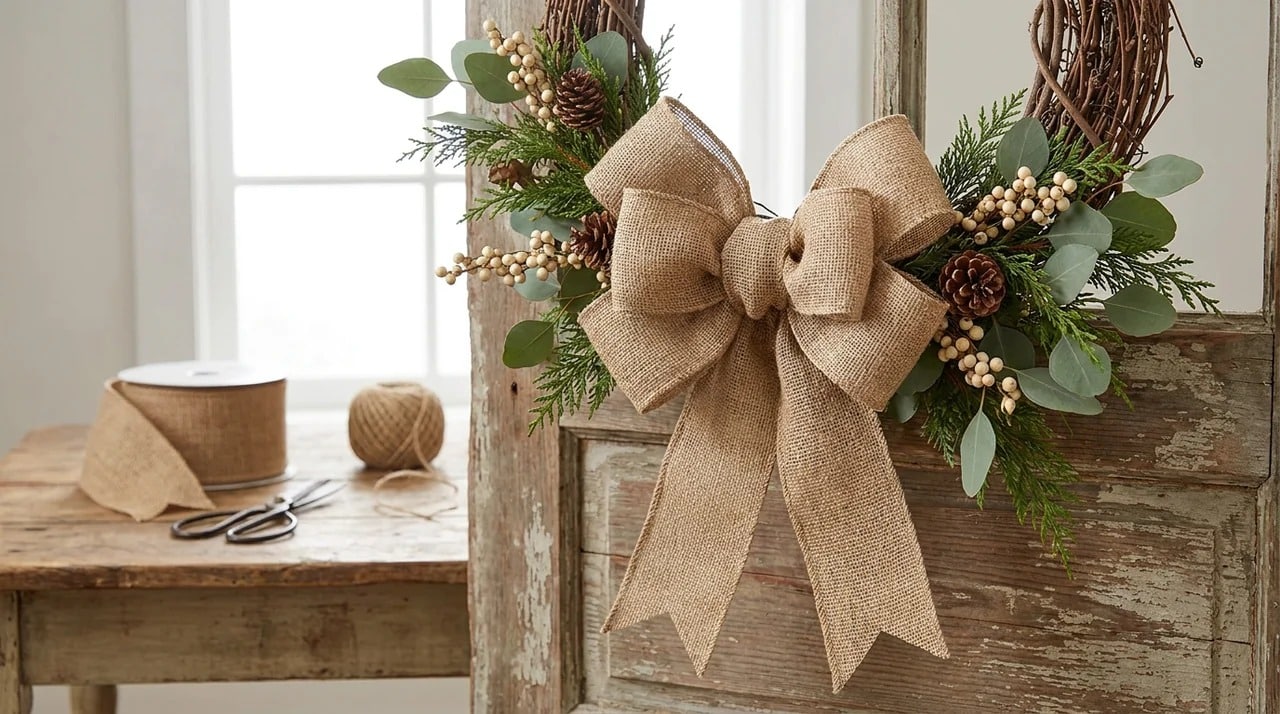 Rustic burlap bow on a farmhouse wreath with ribbon, greenery, and handmade craft details.