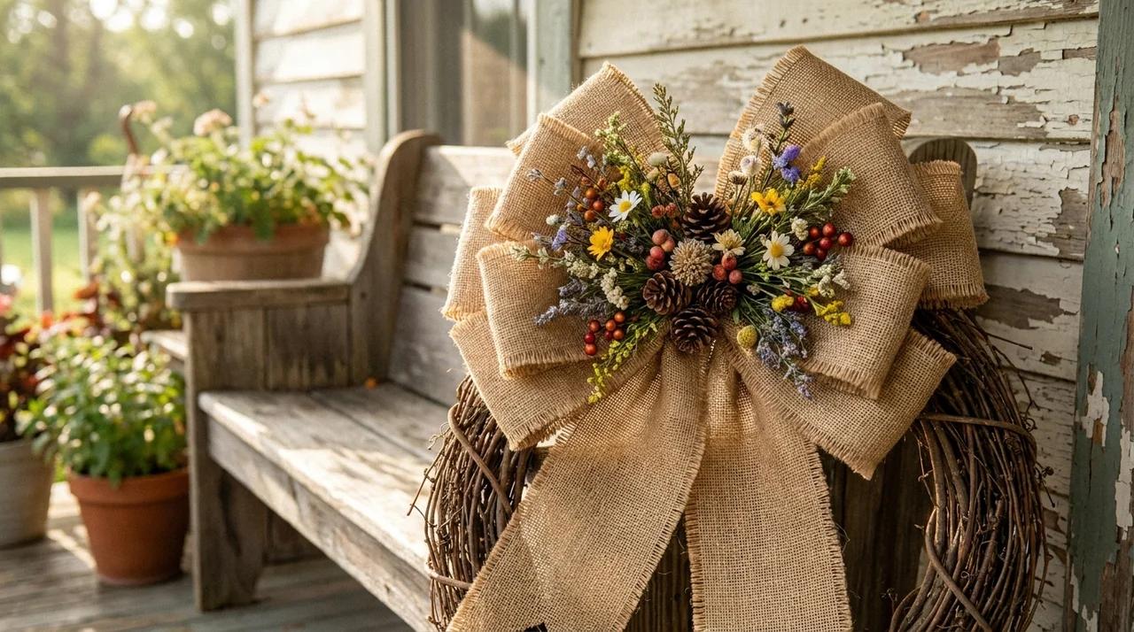 Burlap flower bow decorated with faux blooms and greenery on a rustic wreath.