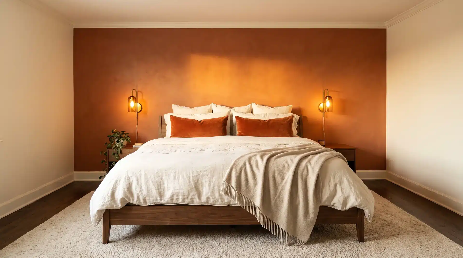 Burnt orange limewash accent wall glowing behind piled ivory bedding, brass sconces and cashmere throw in cozy warm US bedroom.