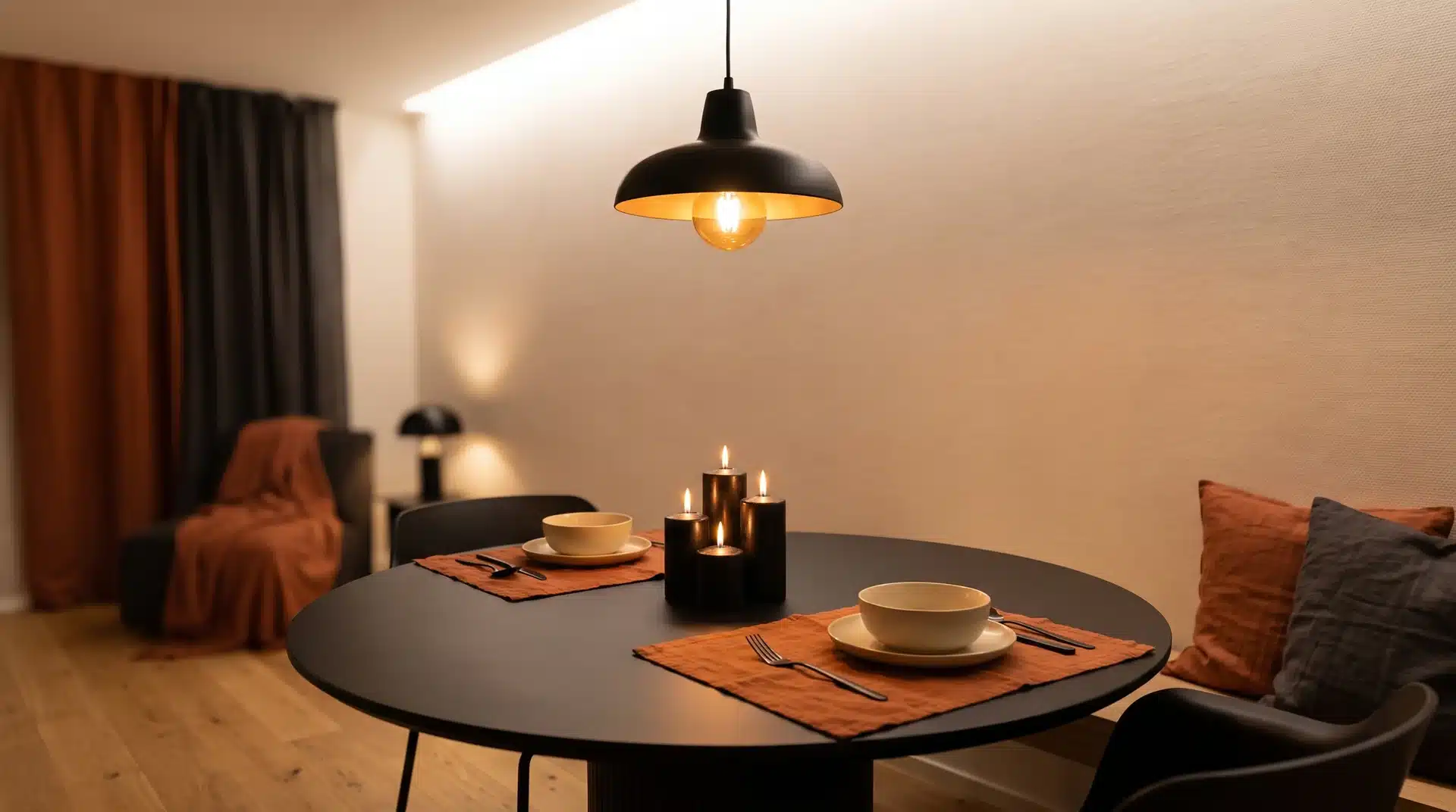 Matte black dining table with burnt orange linen placemats and clustered candles under pendant lamp in warm atmospheric US dining space.