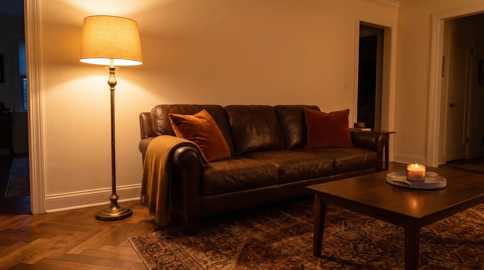 Aged chocolate brown leather sofa with burnt orange velvet cushions and caramel wool throw glowing under brass lamp in cozy US living room.