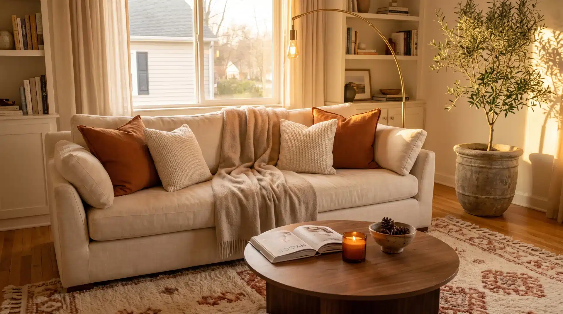 Cream linen sofa piled with burnt orange cushions and cashmere throw beside brass arc lamp and olive tree in golden US living room.